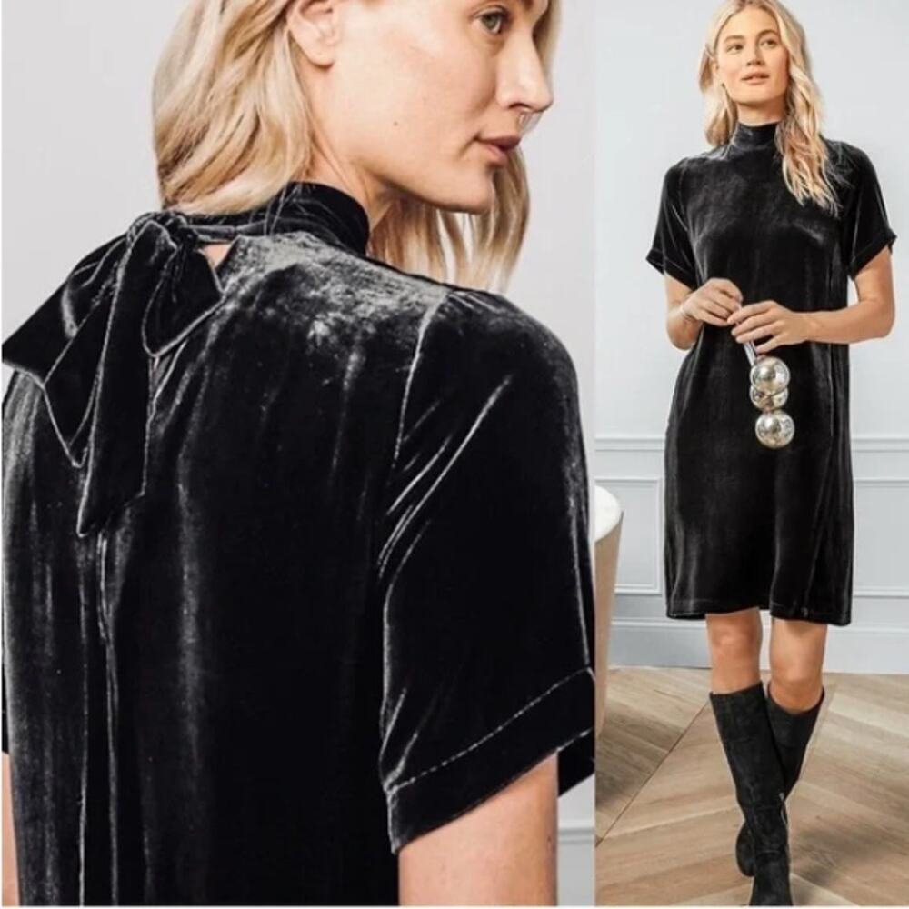 Eileen Fisher Silk Blend Velvet Holiday Party Dress mock neck tie bow Small